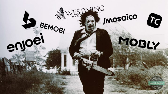 Montagem em preto e branco com Leatherface, o vilão da série de filmes 'O Massacre da Serra Elétrica', e os logos das empresas Westwing, Bemobi, Mosaico, Mobly, Enjoei e TradersClub ao fundo