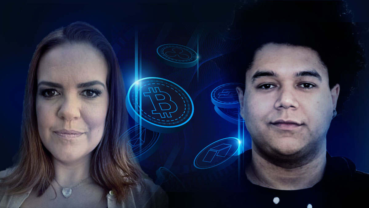 Montagem com Helena Margarido de um lado e Renan Sousa de outro, no meio criptomoedas com aspecto tecnológico estão caindo ao fundo