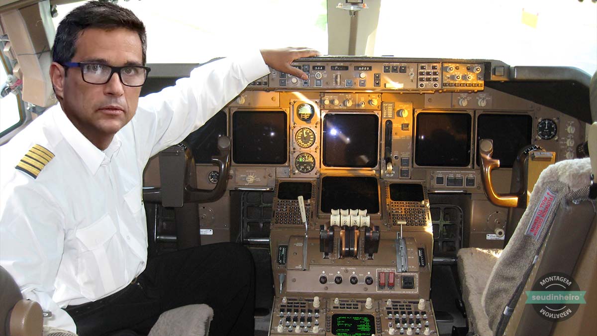 Montagem de Roberto Campos Neto, como aviador dentro de um avião apoiando sua mão no painel do piloto. Campos Neto é presidente do Banco Central (BC), responsável pela reunião do Copom que define a Selic, a taxa básica de juros da economia | Ibovespa