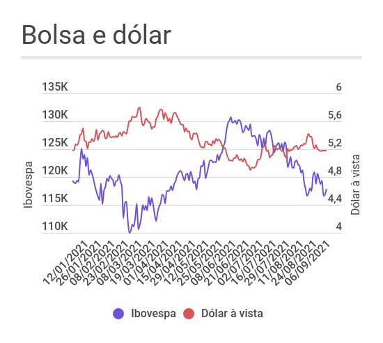 Gráfico de linha mostrando a evolução do Ibovespa e do dólar à vista ao longo de 2021