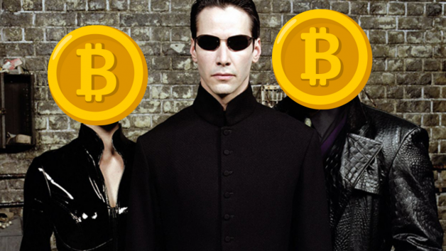 Neo ao lado de dois bitcoins, seus parceiros dentro da matrix