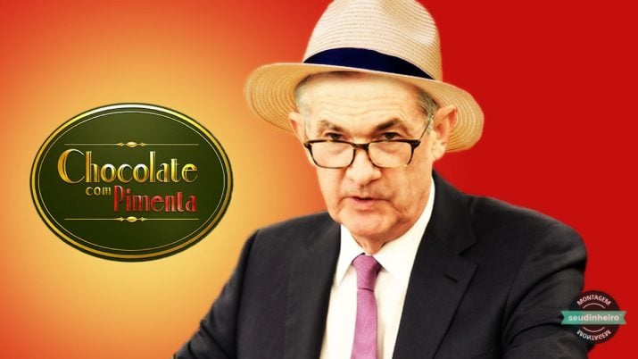 Montagem de Jerome Powell com chapéu e logo da novela Chocolate com Pimenta