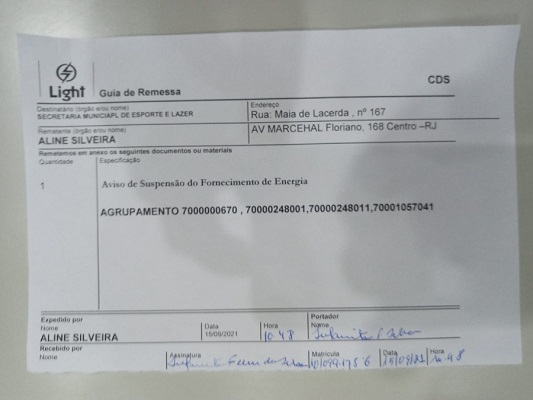 Foto de um aviso de corte enviado pela Light (LIGT3) à Prefeitura do Rio de Janeiro