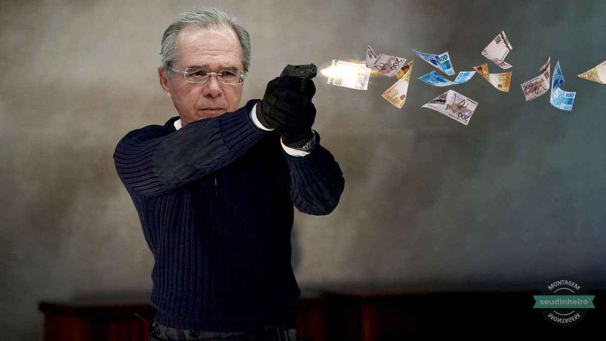 Homem com rosto de paulo guedes atira cédulas de dinheiro | PEC
