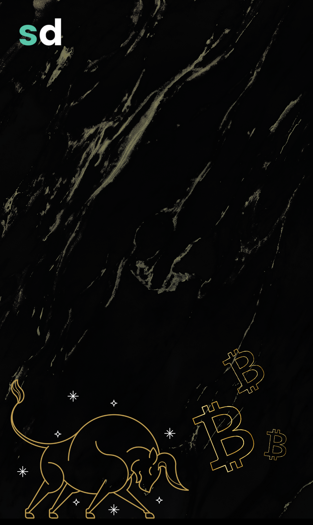 O fundo é preto, com pinceladas douradas, com efeito dourado. Na parte inferior, há o desenho de um touro em linha dourada, com estrelas em prata ao redor dele. Ele está cabeceando o símbolo do Bitcoin, que está em dourado.
