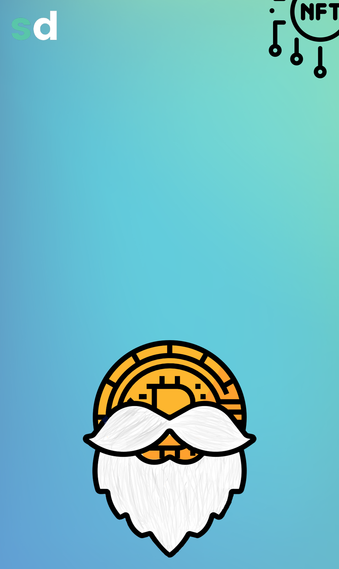 O fundo apresenta um gradiente do verde claro para o azul. No meio, há a ilustração de uma moeda de Bitcoin com barba branca, ilustrando que ele é um idoso.