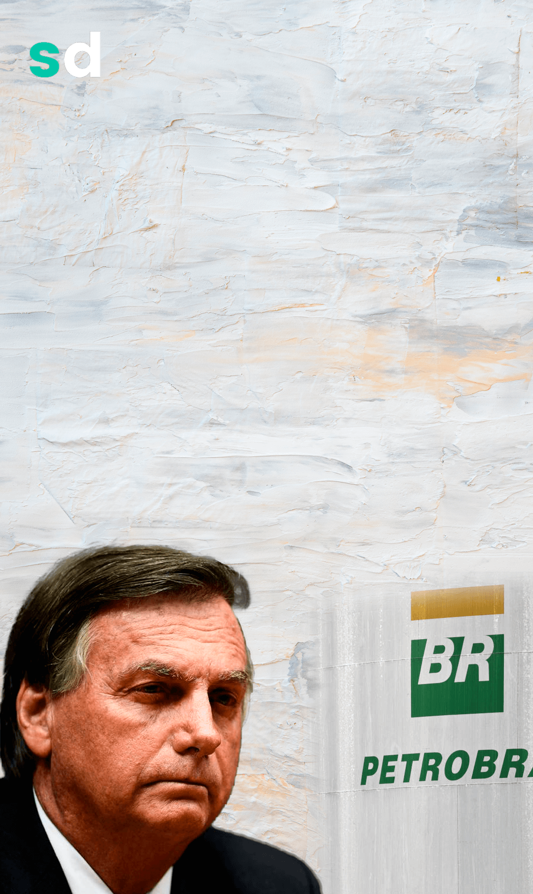 O fundo é azul claro com textura de pinceladas. No canto inferior esquerdo, há uma foto do presidente Bolsonaro. No canto inferior direito, há uma imagem de um silo da Petrobras, na cor branca, com o logo da empresa, nas cores verde e amarelo.