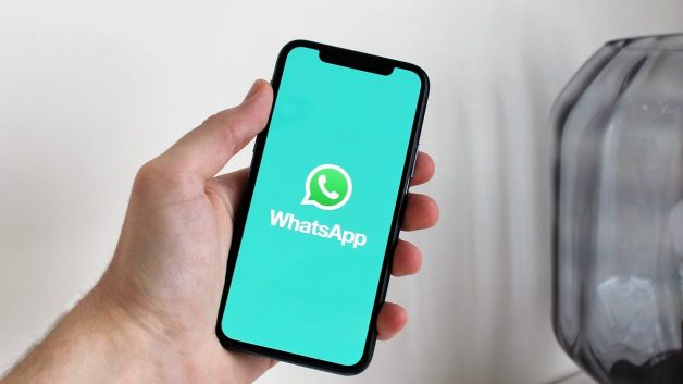 Mão segurando celular com tela no WhatsApp. Fundo branco.