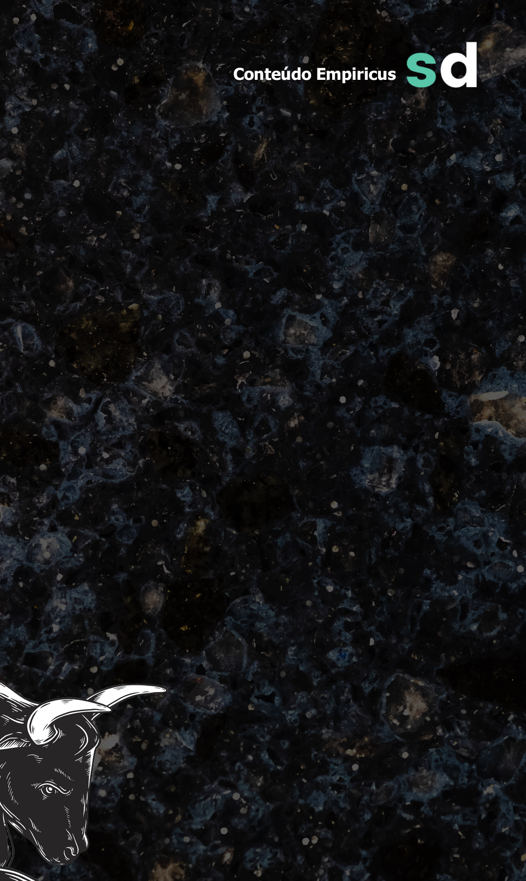 O fundo é preto, com textura de pedra preciosa, nas cores azul escuro e dourado. Na parte inferior esquerda, há o desenho de um touro no estilo cartoon, em preto e branco.