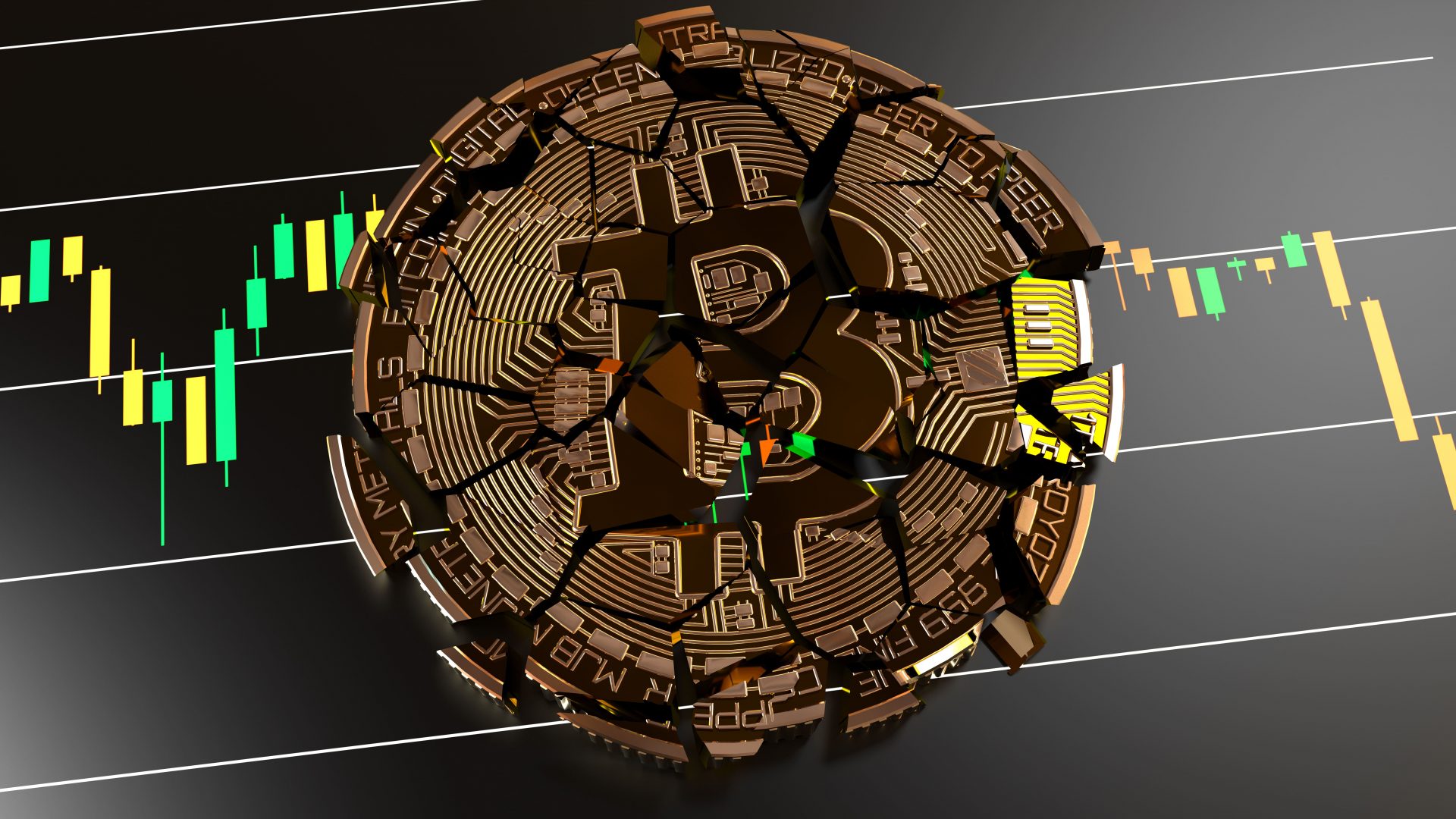 Moedas de bitcoin quebrada em várias partes
