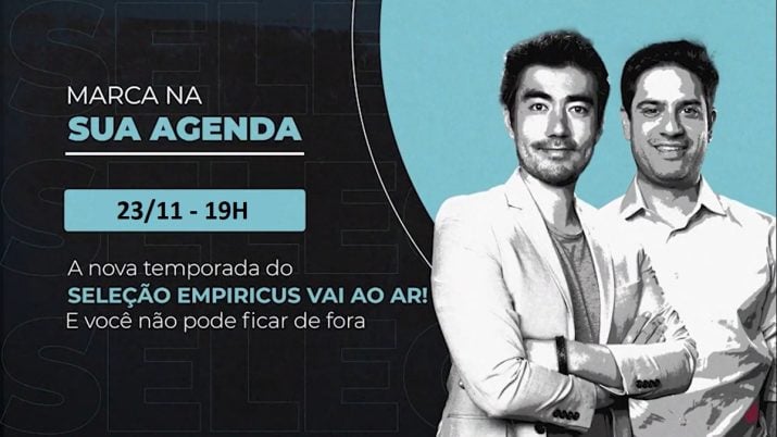 Arte em preto e azul para divulgação da nova temporada do Seleção Empiricus; em preto e branco, à direita, aparecem Victor Aguiar e João Piccioni