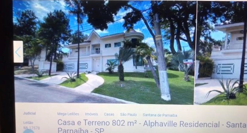 O print mostra casa de 802m², localizada no Residencial 10 de Alphaville, Santana de Parnaíba -SP, comprada por Gleysson Vilela com 50% de desconto sobre o valor original. Imagem: Reprodução Gleysson Vilela