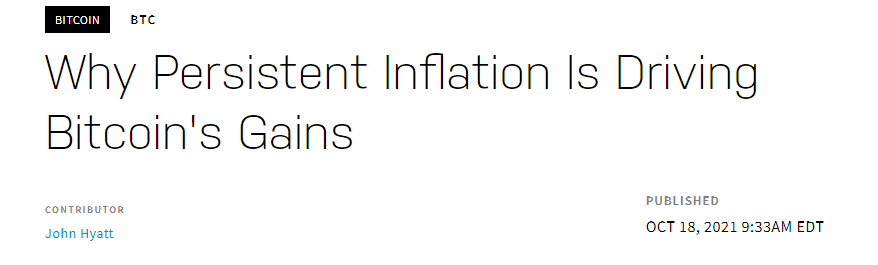 Print de matéria da Nasdaq dizendo que inflação está causando alta nos preços do Bitcoin. 