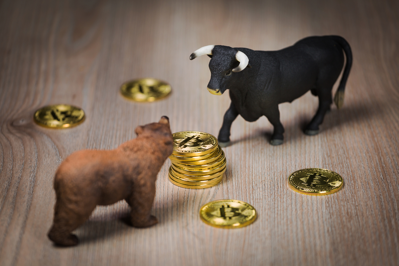 Miniaturas de touro e urso com moedas de bitcoin | Criptomoedas