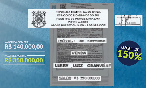 Print de uma matrícula de registro de imóveis mostra que Lerry Granville comprou um terreno por 140 mil reais e vendeu por 350 mil.