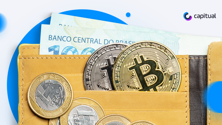 carteira com dinheiro e moedas de bitcoin