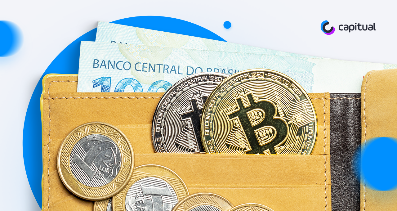 carteira com dinheiro e moedas de bitcoin