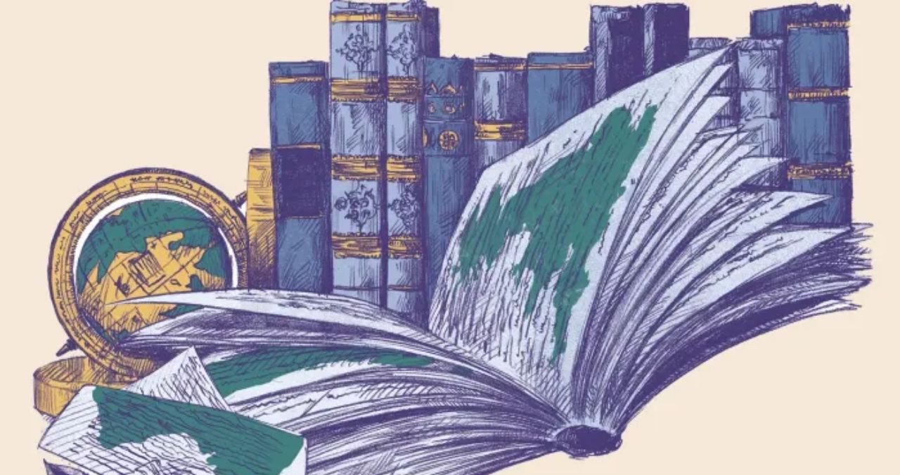 Ilustração de livros em tons azulados e fundo rosa