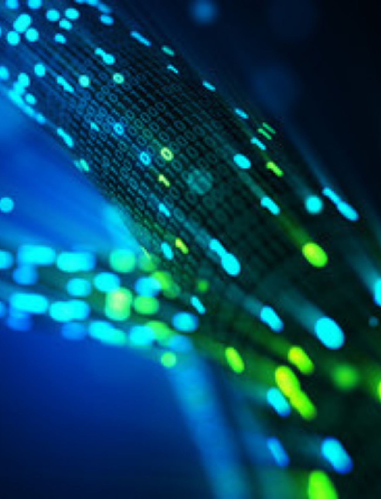 Imagem ilustrativa do mundo virtual. Na imagem, um cabo de internet com vários pontos de luz e números