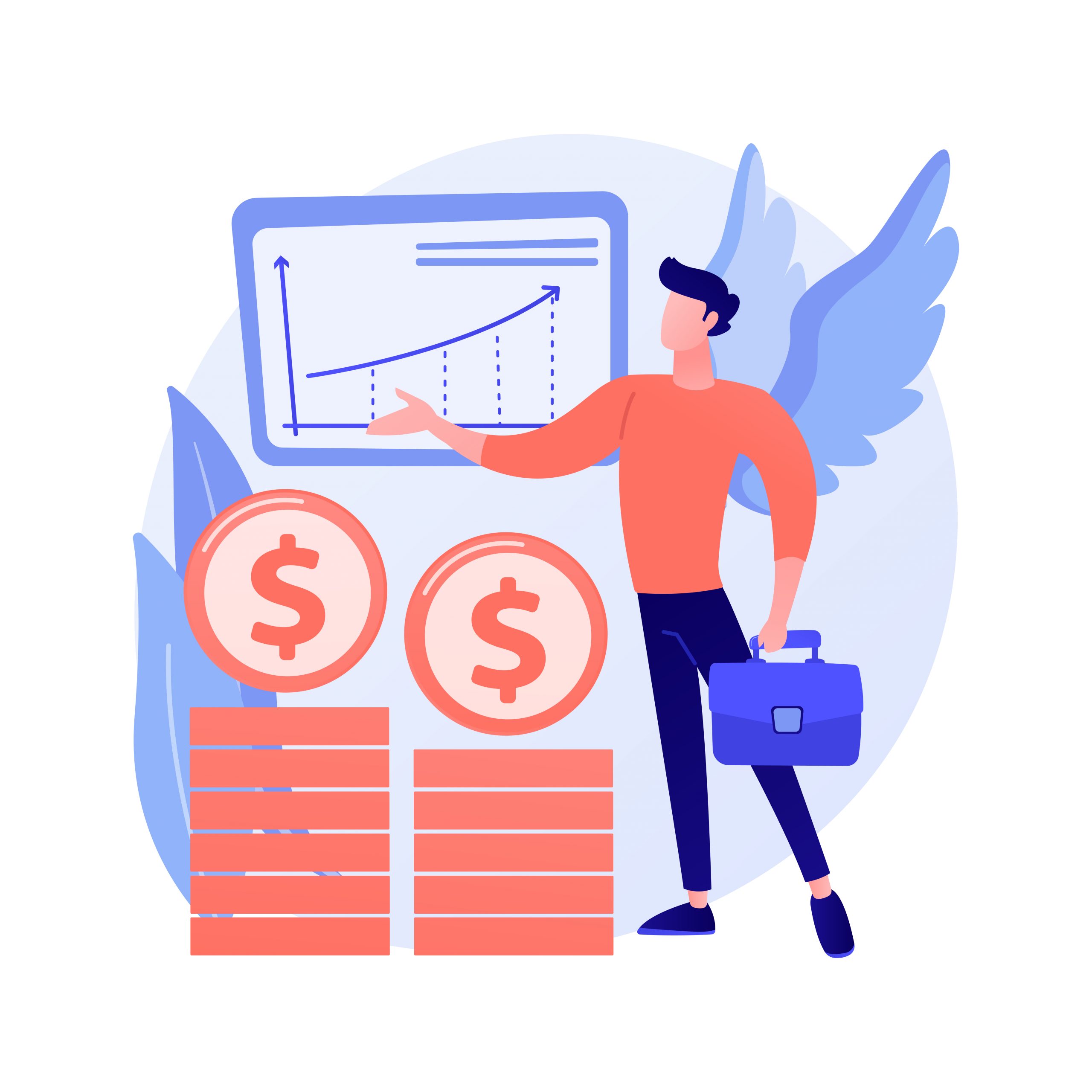 Avatar com asas, simbolizando um investidor anjo, ou investidor pessoas física que está começando no mercado financeiro. O avatar está ao lado de moedas e um gráfico