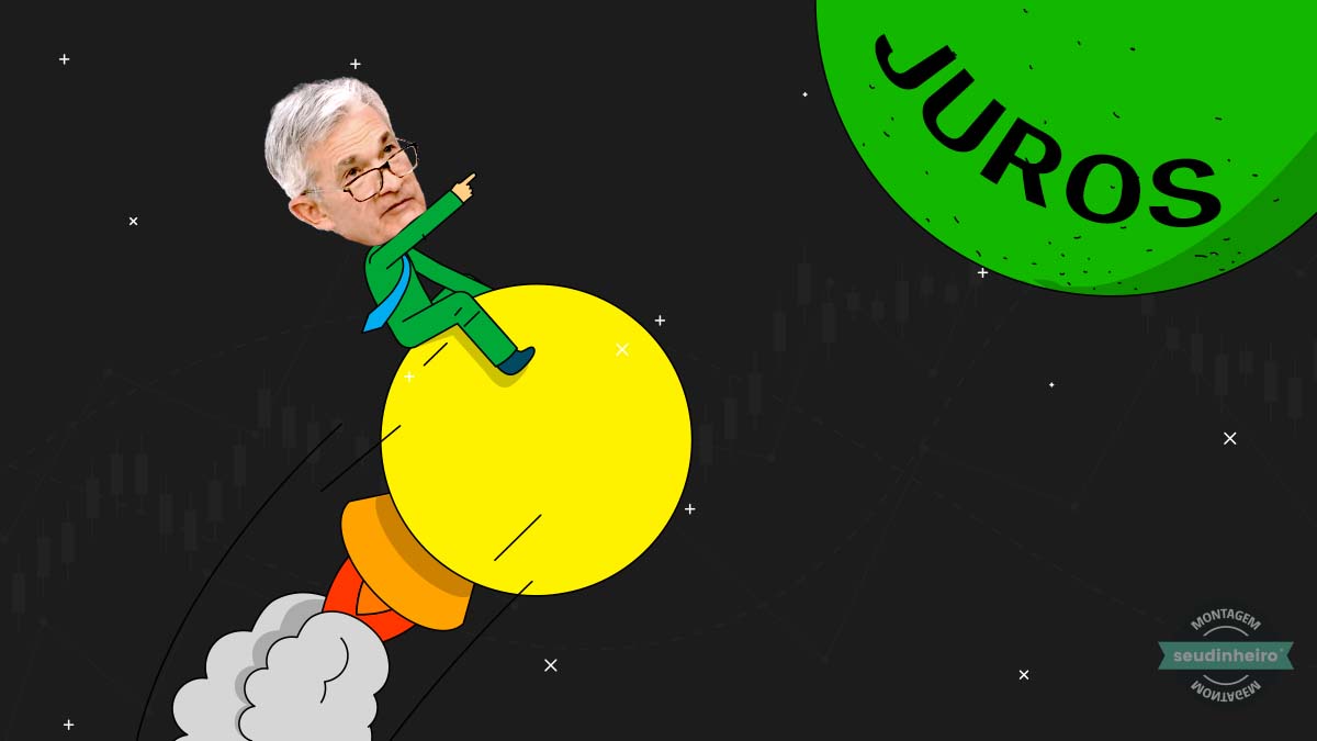 Montagem de Jerome Powell em cima de um foguete rumo ao planeta chamado juros