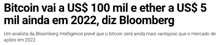 manchete que diz que, segundo bloomberg, bitcoin pode chegar a US$ 100 mil e ether, a US$ 5 mil