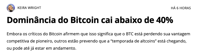 manchete: dominância do bitcoin cai abaixo de 40%, o que pode indicar iminente valorização das nfts