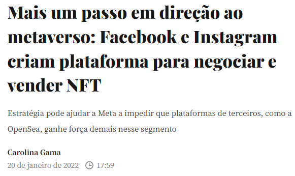 Manchete diz que Facebook e Instagram criaram plataforma para negociar e vender NFT. 