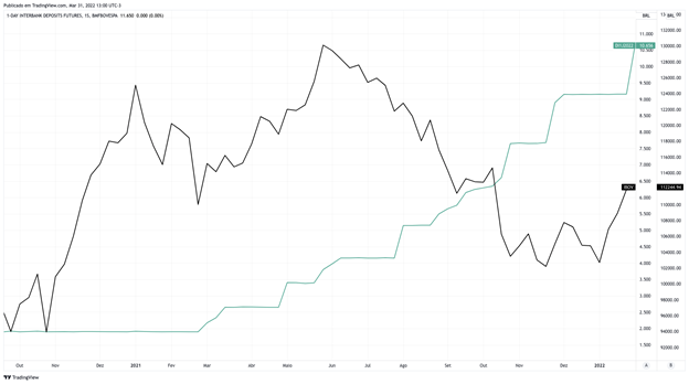 Gráfico de linha mostrando o rendimento do Ibovespa e do Tesouro Selic (juros) ao longo do tempo