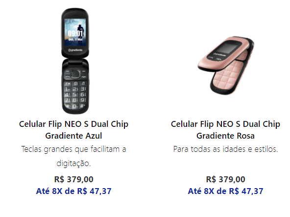 Print da loja online da Gradiente (IGBR3), mostrando os dois únicos aparelhos de celular à venda