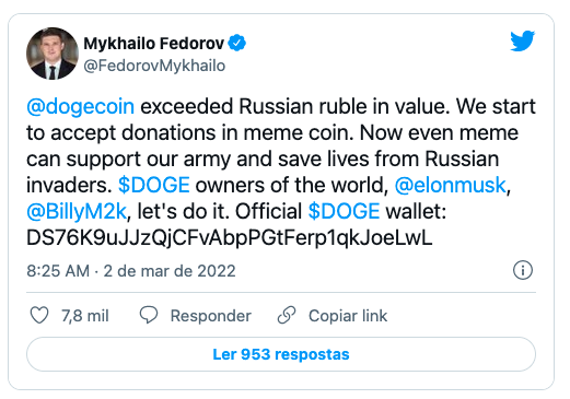 tweet do vice-primeiro ministro comunicando que a ucrânia vai aceitar dogecoin e pedindo doações de elon musk