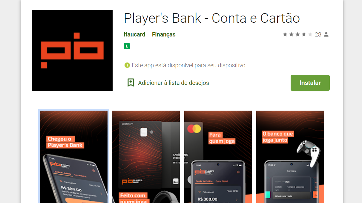Telas do Player's Bank, do Itaú, na Play Store