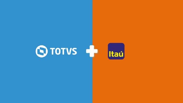 Montagem mostrando os logos da Totvs (TOTS3), à esquerda, num fundo azul, e do Itaú (ITUB4), à direita, num fundo laranja. Há um sinal de '+' no centro, indicando a parceria entre as empresas
