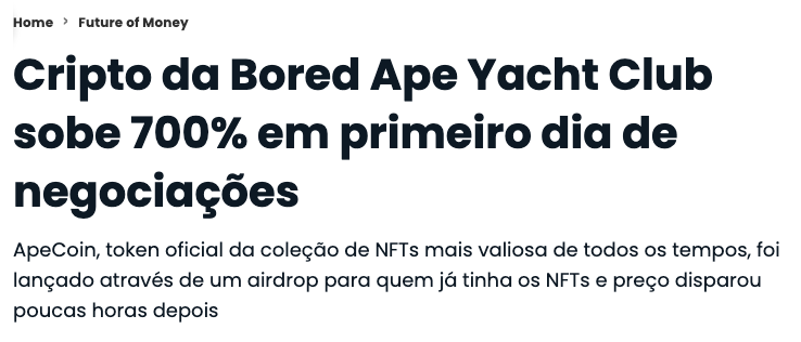 Cripto do Bored Ape Yacht Club sobe 700% em primeiro dia de negociações