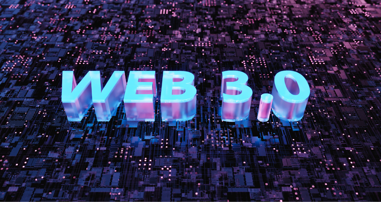 Ilustração digital com fundo tech, escrito Web 3.0 em relevo