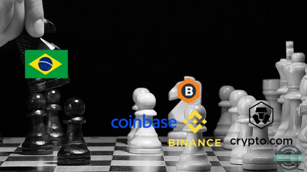 Montagem de um jogo de xadrez com as logos da Coinbase, Binance, Crypto.com e Mercado Bitcoin de um lado e a bandeira do Brasil do outro