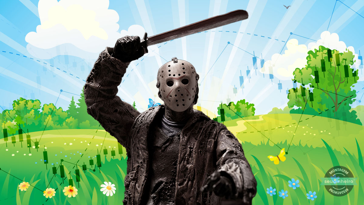 Personagem Jason, do filme Sexta Feira 13, em um cenário alegra com gráficos do Ibovespa