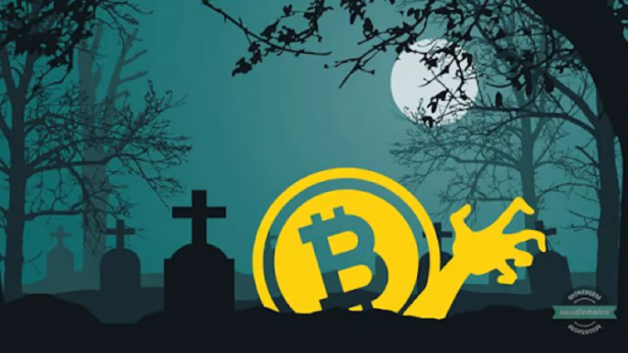 Cemitério com um Bitcoin e uma mão saindo do solo