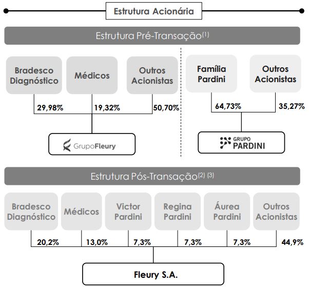 Arte mostrando a estrutura acionária do Fleury (FLRY3) e do Hermes Pardini (PARD3), antes e depois da fusão entre as empresas