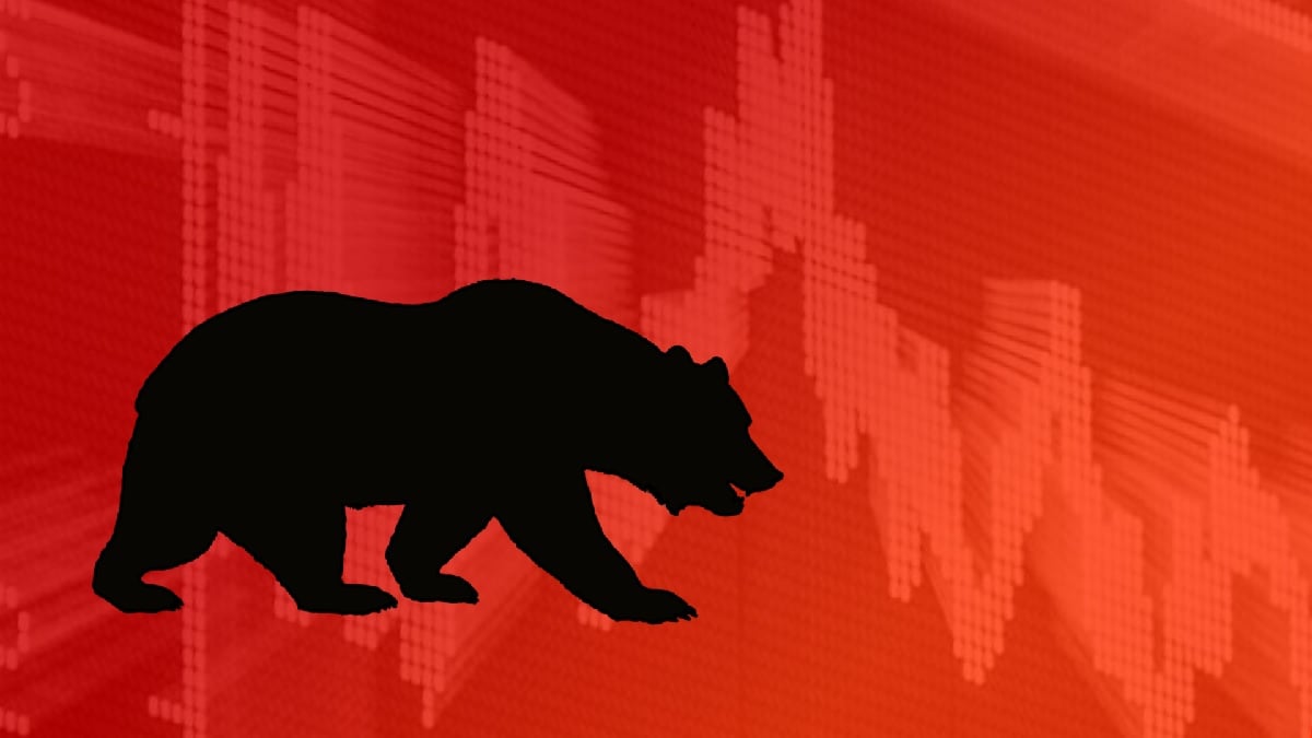 Ilustração com a sombra de um urso projetada sobre um fundo vermelho e um gráfico de linha. Simboliza o bear market e a cautela na bolsa e nos mercados financeiros | Ibovespa