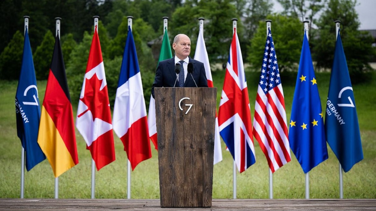 Chanceler alemão Olaf Scholz durante conferência do G7, na Alemanha. Os combustíveis da Rússia foram o tema central da reunião, em meio a Guerra na Ucrânia.