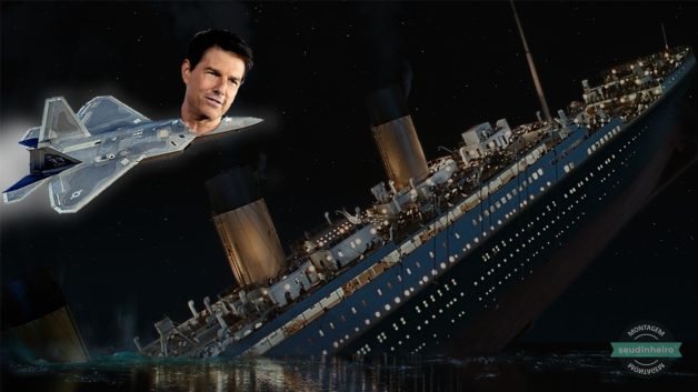 Tom Cruise passando em um caça enquanto acontece naufrágio do Titanic