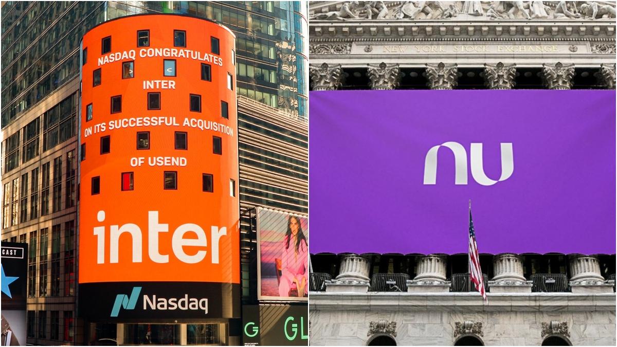 Colagem com foto de painel da Nasdaq dando boas vindas ao Banco Inter e foto do painel do Nubank na Nyse