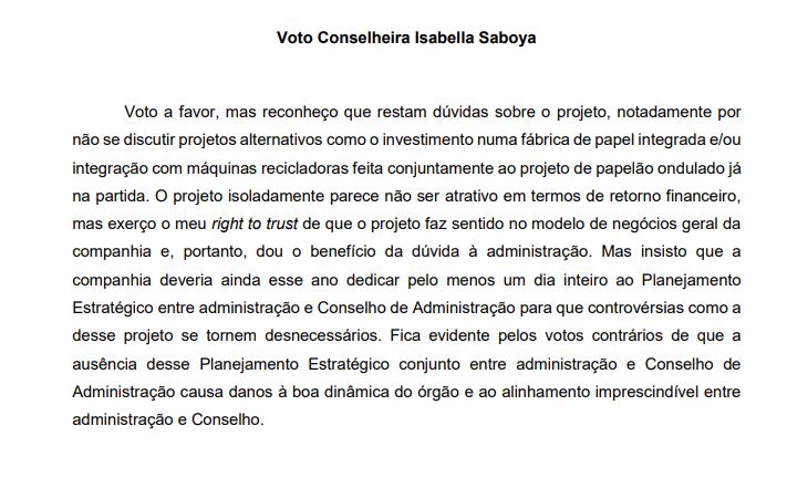 Voto da conselheira da Klabin (KLBN11), Isabella Saboya, em relação à aprovação do Projeto Figueira
