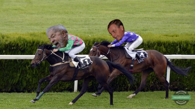 Montagem com Lula X Bolsonaro em uma corrida de cavalos