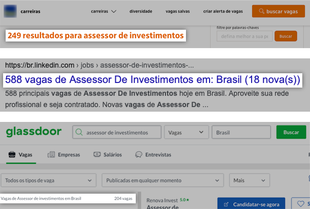 Print mostrando vagas de emprego para Assessor de Investimentos no LinkedIn, Glassdoor e Itaú