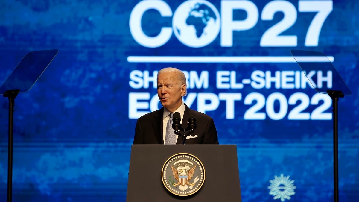 O presidente dos EUA, Joe Biden, discursa durante a COP27, no Egito