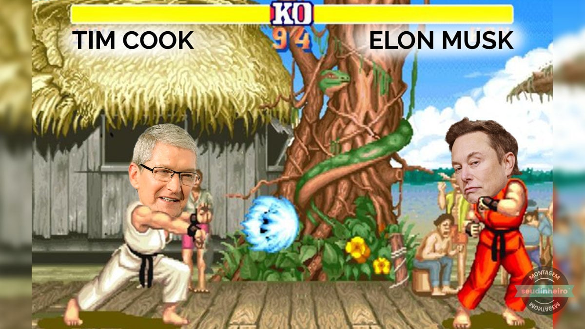 Elon Musk, dono do Twitter, e Tim Cook, CEO da Apple, duelando no jogo Street Fighter