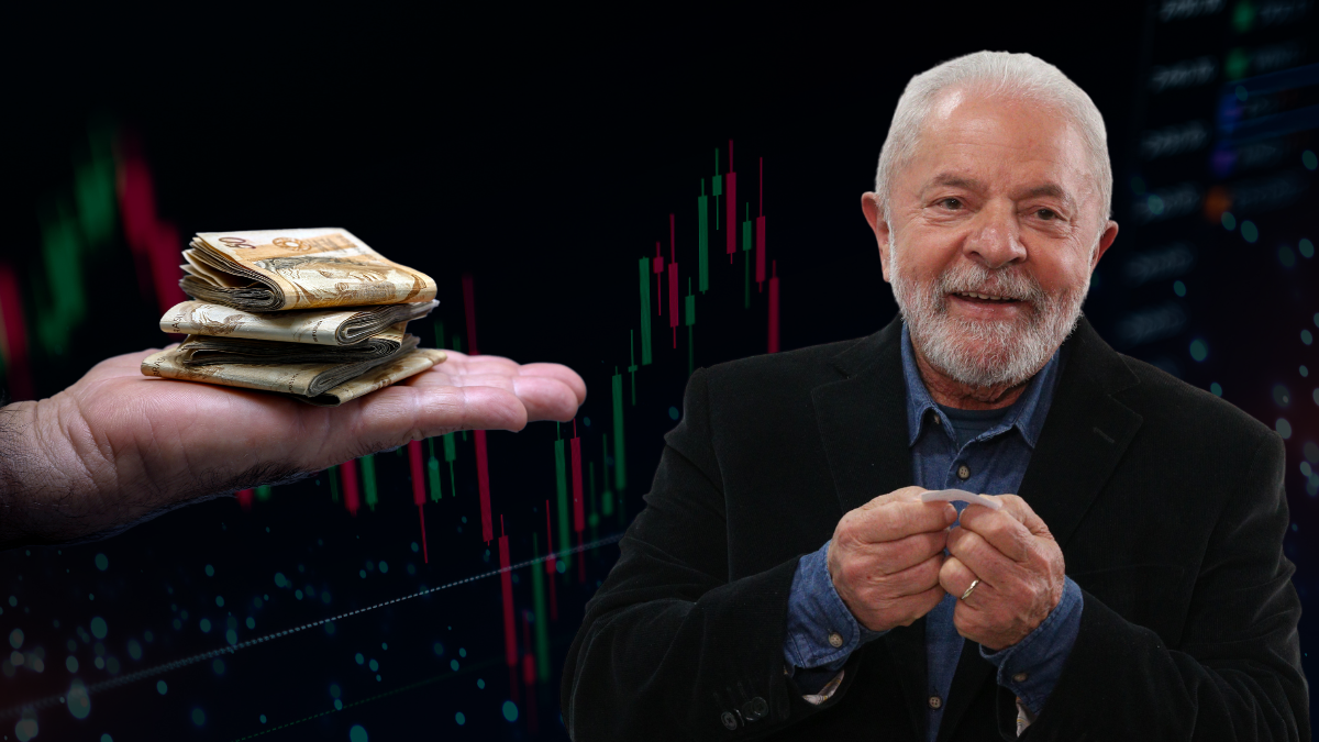 Mão segura várias notas de dinheiro com Lula pedindo autorização para gastar