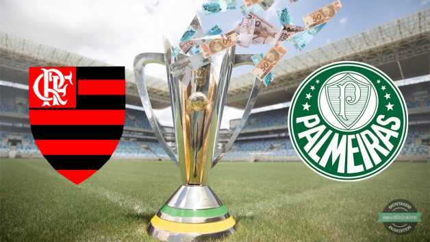 Flamengo e Palmeiras com taça da Supercopa do Brasil e dinheiro